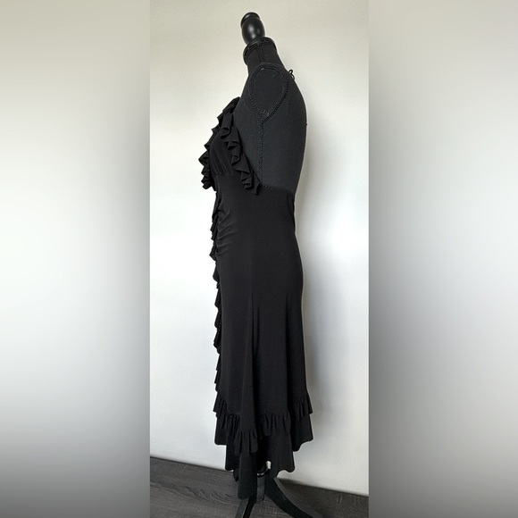 Women's Elegant V Neck Ruffle Trim Open Back Halter Black Cocktail Dress Midi M - Picture 7 of 8